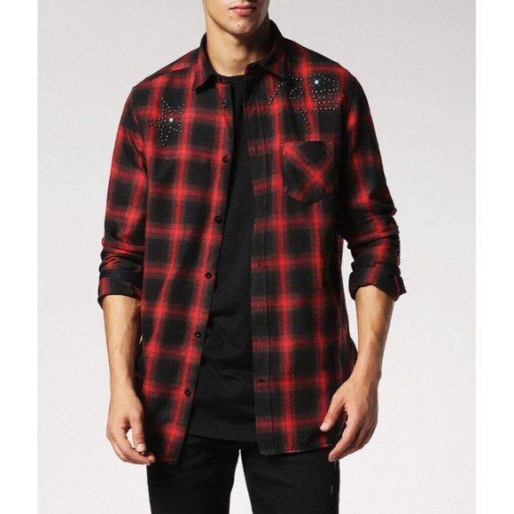 $228 Diesel Men’s Prof Shirt Long Sleeves Red Black Check Size XL - Picture 3 of 7